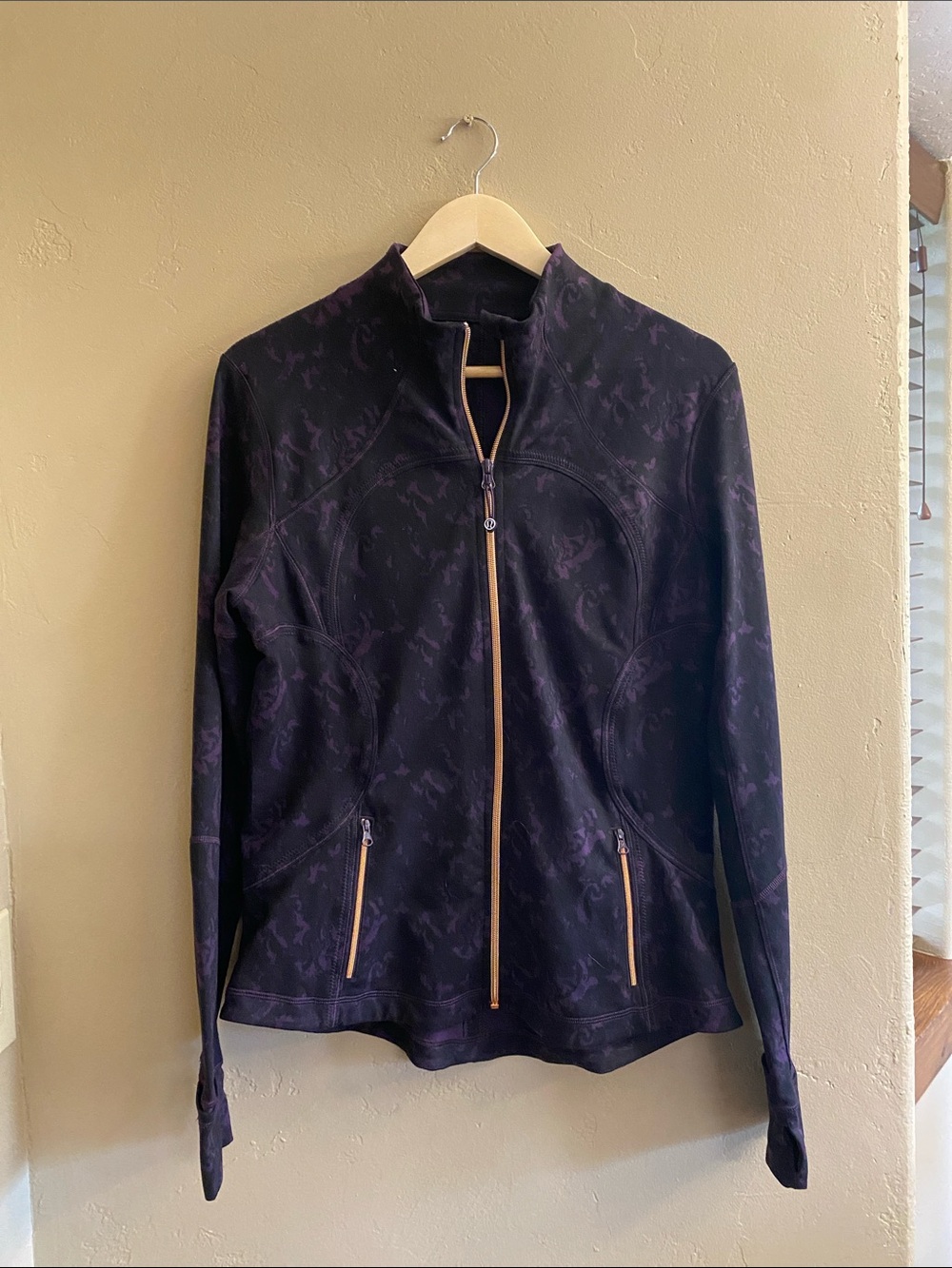 lululemon athletica Black Jacket with Purple Pattern and Tan Trim